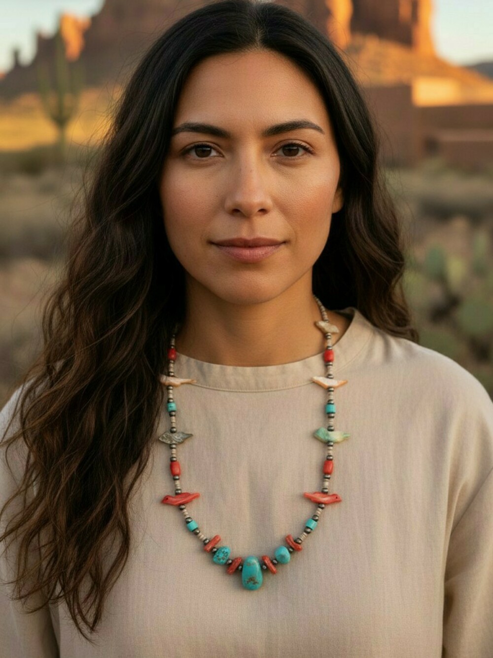 Southwestern Heishi Beaded Bird Fetish Necklace From Santo Domingo Pueblo